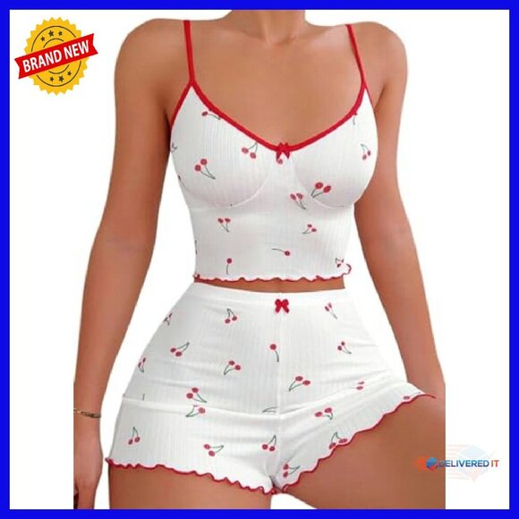 Ribbed Crop Cami Pajama Set, Soft Stretchy Fabric, Sleepwear Lounge - Picture 2 of 8